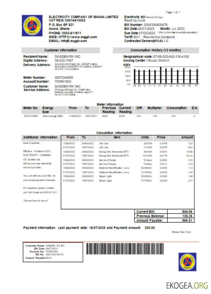 Facture commerciale de services publics de la Compagnie d'électricité du Ghana Ltd, SCR